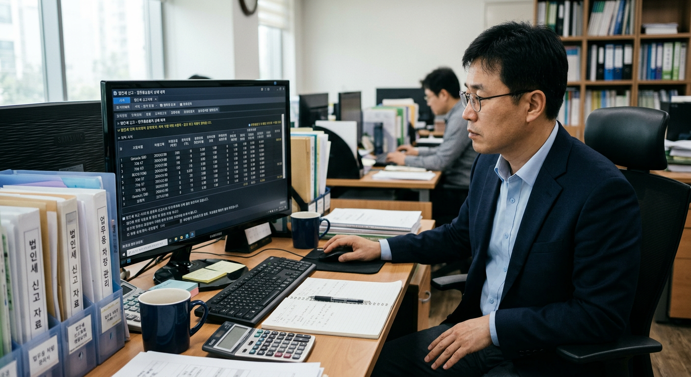 회사의 세무 대리인이 업무용 승용차 관련 세법 법인세 신고서를 모니터 화면에 띄워두고 분석하는 모습