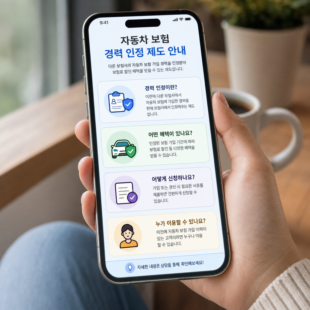 스마트폰 화면 속에서 자동차 보험 경력 인정 제도 안내문이 직관적인 인포그래픽 카드로 표현된 모습