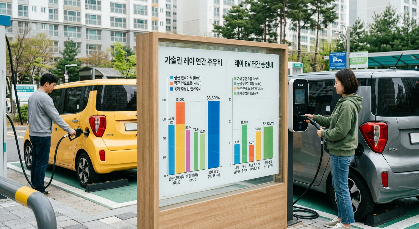연 주행 1.5만km 기준 가솔린 레이와 레이 EV의 주유비 및 충전비 상세 비교 데이터 막대그래프 레이 EV 장기렌트