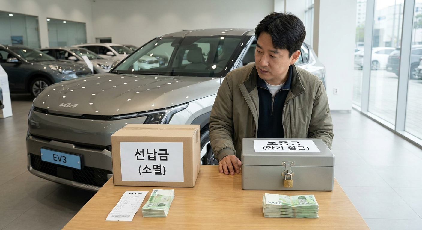 동일한 EV3 차량 기준, 선납금 30% 적용 시 소멸되는 자금과 보증금 30% 적용 시 만기 환급되는 자산 구조 비교 도표 기아 EV3 장기렌트