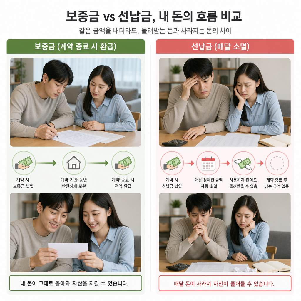 보증금 납입 시 환급받는 가치와 선납금 납입 시 매달 소멸하는 자금의 흐름을 대조한 비교 인포그래픽