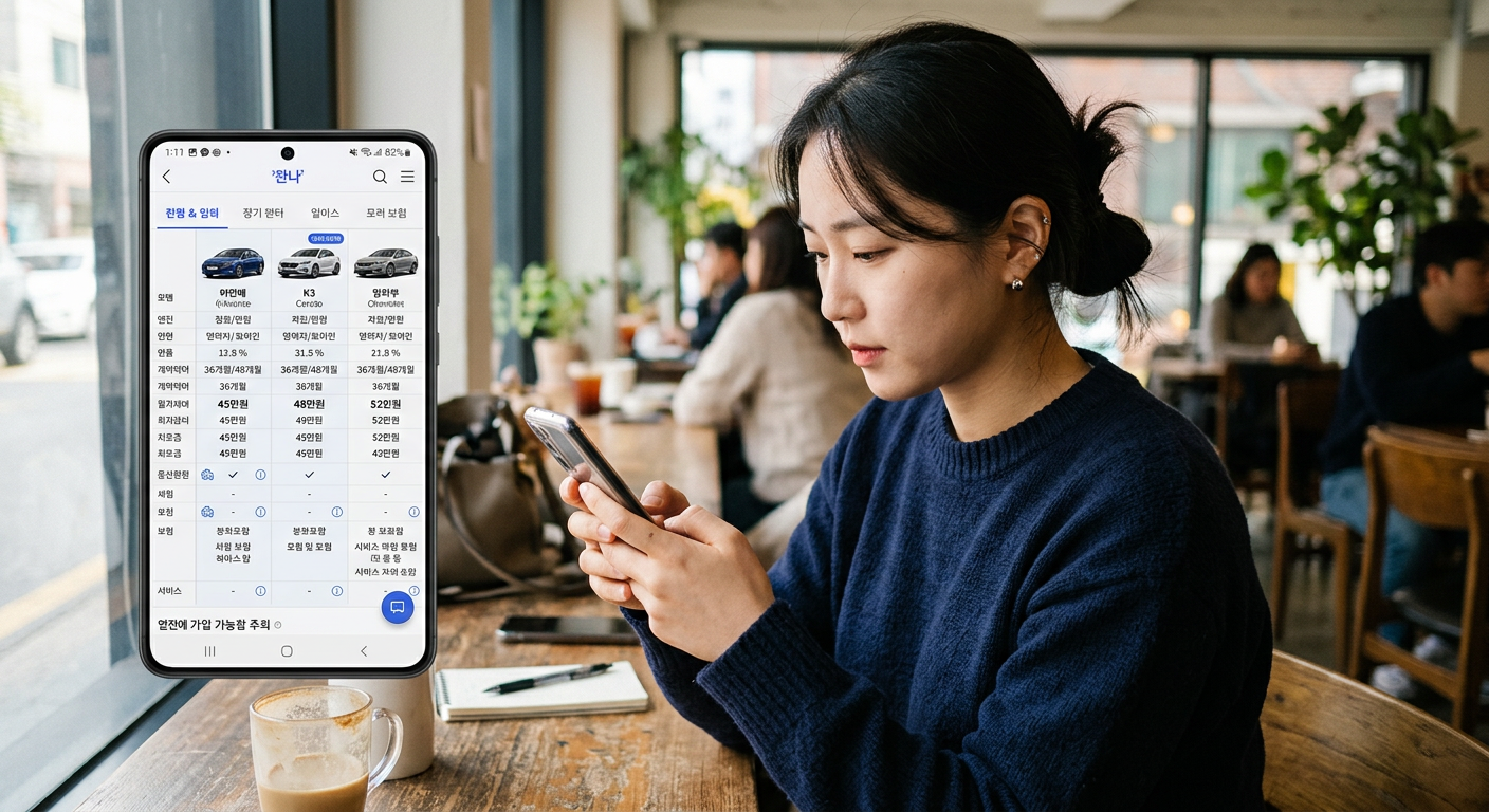 스마트폰 화면에 카베이 '차나와' 앱의 실시간 견적 대조 화면이 나타나 있는 모바일 UI 예시 인터페이스 캐스퍼 장기렌트