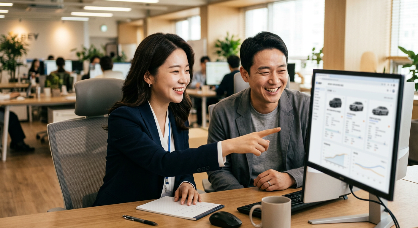 카베이 상담원이 고객과 1:1 맞춤 비교 화면을 보며 웃고 있는 모습