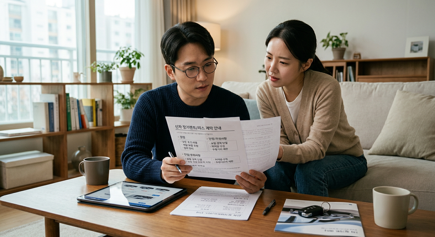 신차 대여 서비스의 핵심 장점과 주의해야 할 단점(보험 경력 단절, 위약금 등)을 요약한 카드뉴스 신차 장기렌트 가격비교