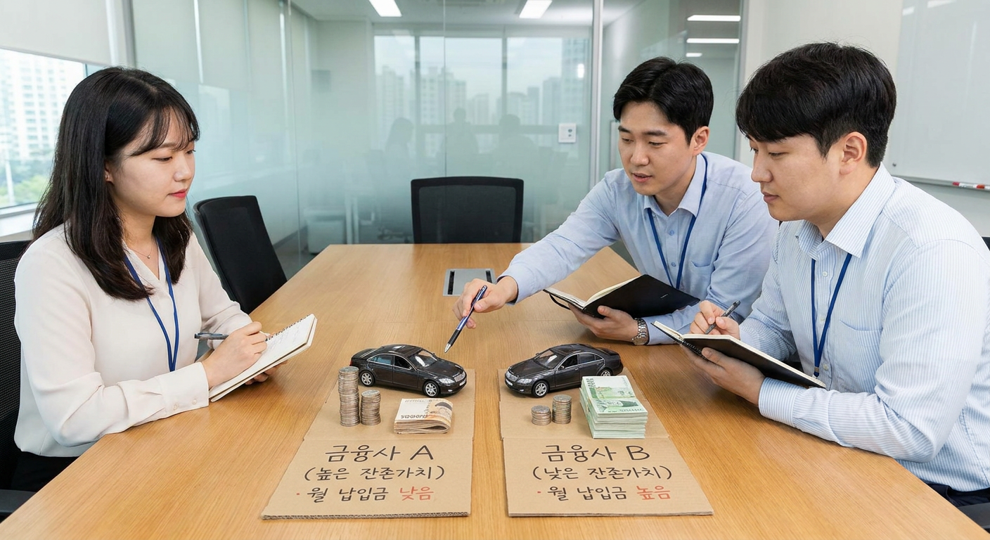 동일 차량 기준 금융사별 잔존가치 책정 차이와 그에 따른 월 납입금 변동 구조 도식 아이오닉5 장기렌트 가격