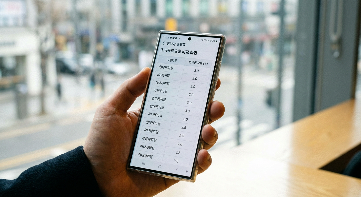 스마트폰 화면에 구현된 '차나와' 플랫폼의 캐피탈사별 중도 해약 위약금 요율 투명 비교 화면 신차장기렌트 쏘렌토