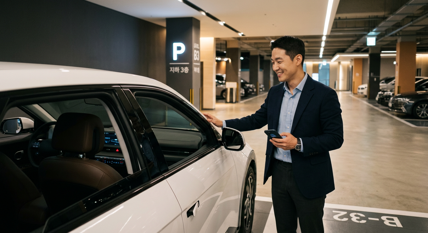 세련된 디자인의 주차장에서 스마트폰을 들고 차량 내부를 흐뭇한 표정으로 바라보는 30대 직장인 장기렌트 자동차리스