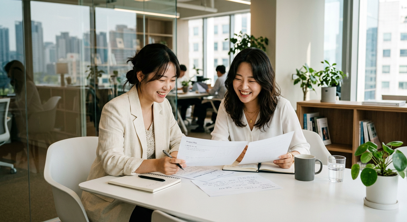 세련된 디자인의 화이트 톤 상담 테이블에서 두 사람이 서류를 보며 미소 짓는 모습