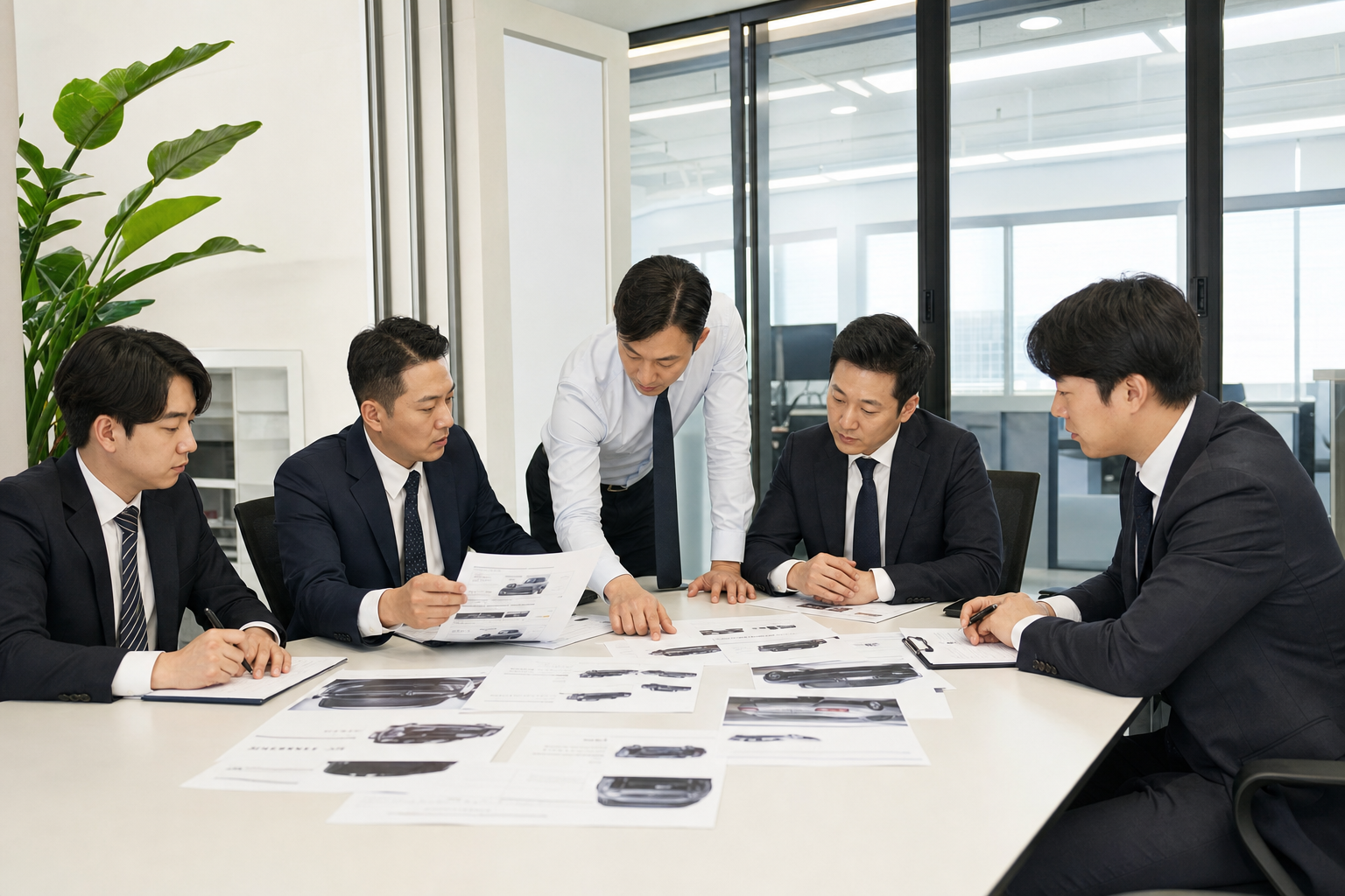 13년 경력의 전문 카매니저들이 모여 맞춤형 견적서를 검토하며 토론하는 전문적인 사무실 전경