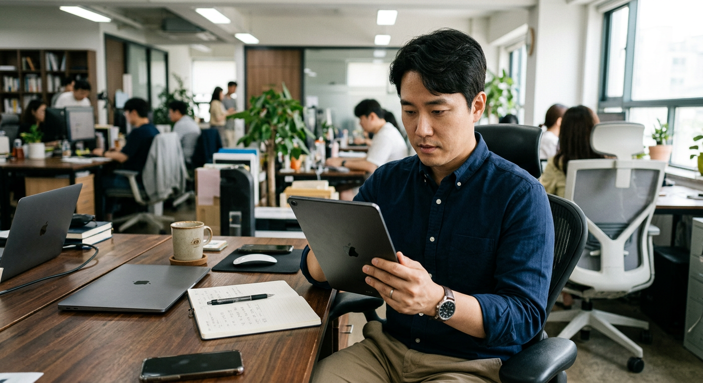 30대 남성이 사무실에서 태블릿 PC를 활용하여 여러 자동차 금융사의 견적을 대조하는 모습