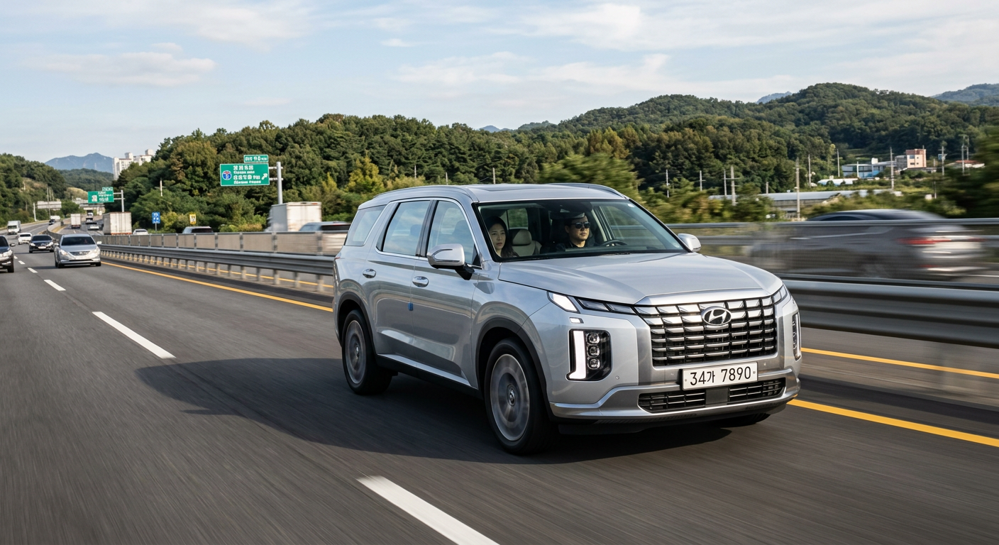 도로 위를 달리는 국산 준대형 SUV 차량의 정측면 주행 모습