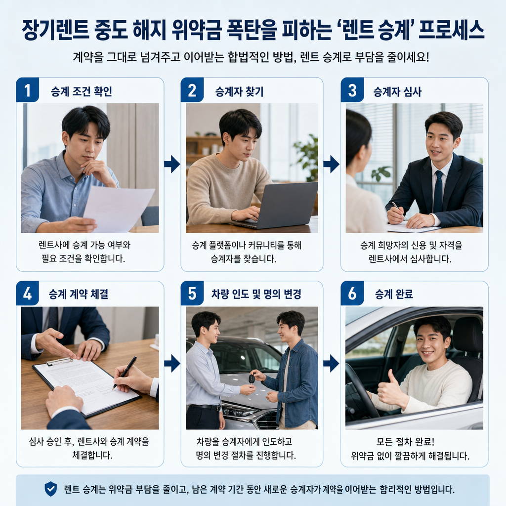장기렌트 중도 해지 위약금 폭탄을 피하는 '렌트 승계' 프로세스를 도식화한 인포그래픽
