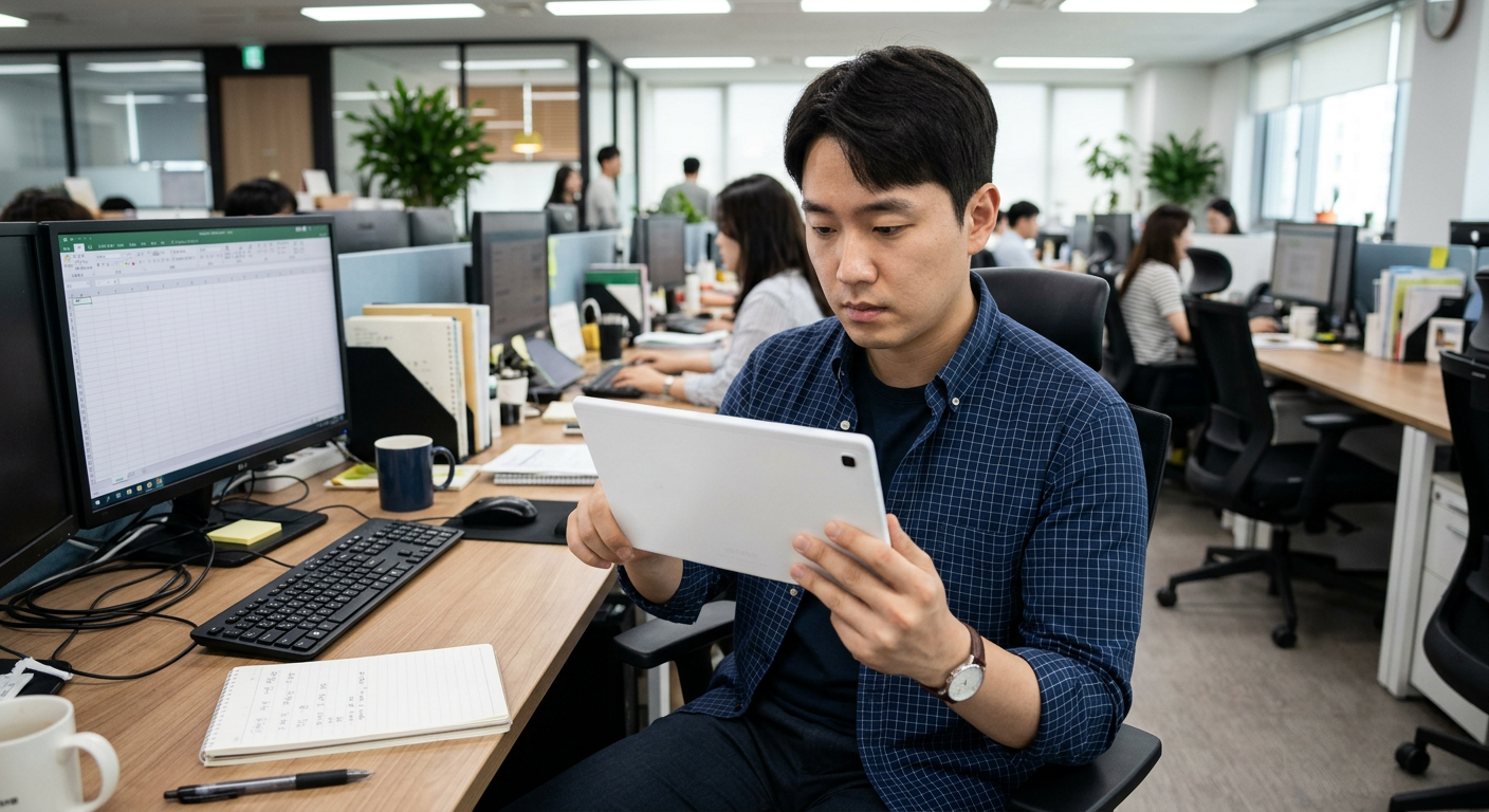 30대 남성 직장인이 사무실에서 태블릿 PC 화면을 보며 장기렌트 비교 견적서의 잔존가치 항목을 확인하는 모습 레이 EV 장기렌트