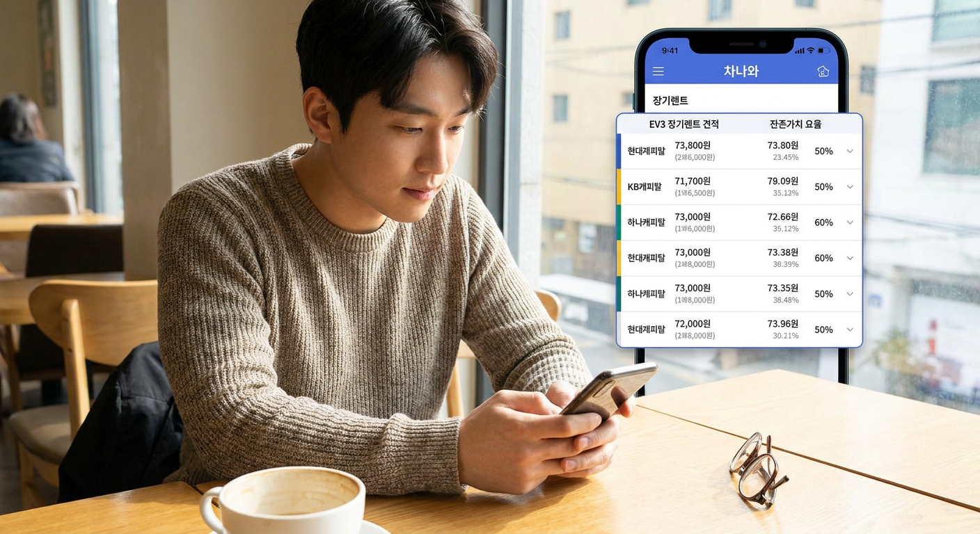 스마트폰 화면 속 '차나와' 앱에서 다양한 캐피탈사의 EV3 장기렌트 견적과 잔존가치 요율을 한눈에 비교하는 장면 기아 EV3 장기렌트