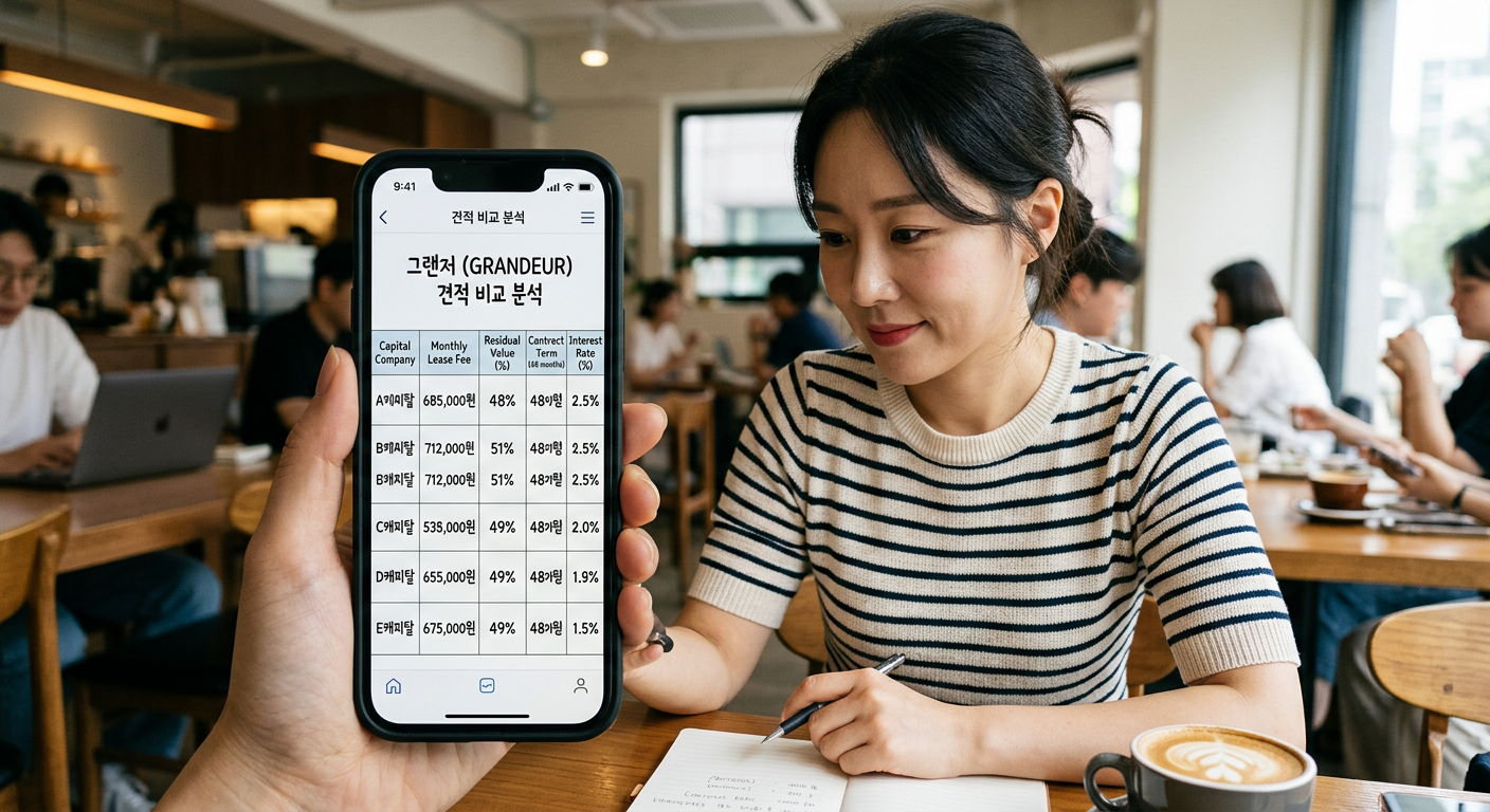 스마트폰 앱 화면에 여러 캐피탈사의 그랜저 견적과 잔존가치 조건이 일목요연하게 비교 분석되어 출력된 모바일 화면 이미지