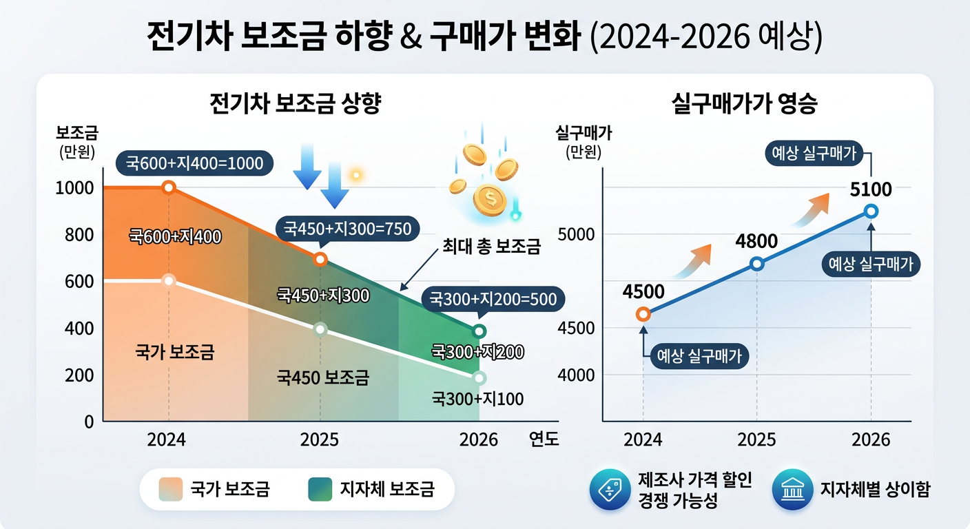 2024년 대비 2026년 예상 전기차 보조금 하향 로드맵과 실구매가 변화 추이 그래프