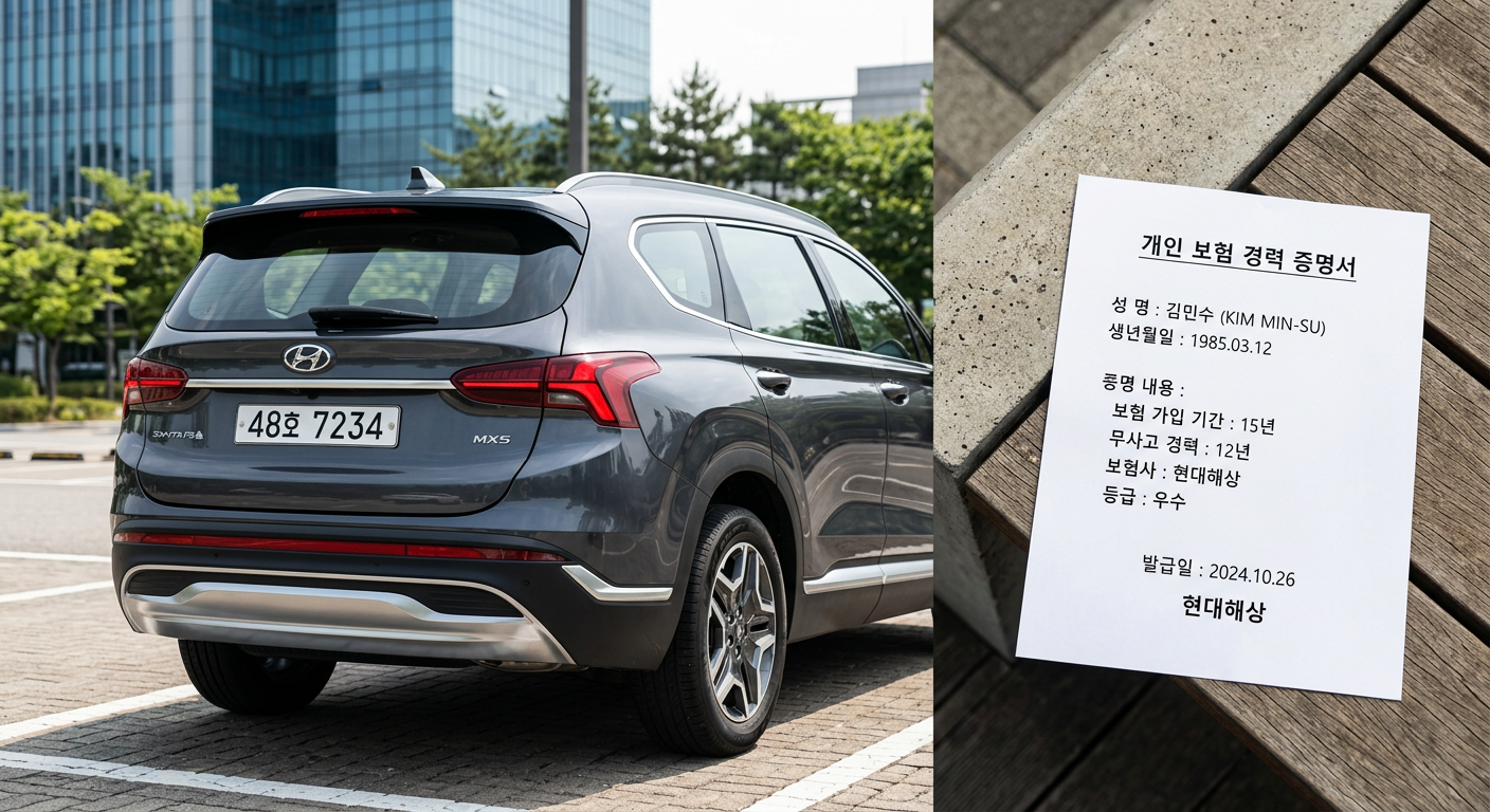 '하, 허, 호' 번호판이 달린 SUV 차량과 개인 보험 경력 증명 서류를 대비시킨 이미지