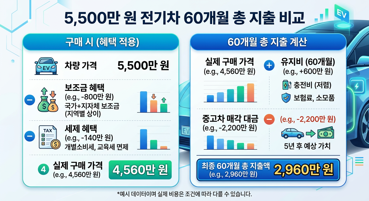 5,500만 원 전기차 기준, 세제 혜택과 중고차 매각 대금을 포함한 60개월 총 지출액 비교표