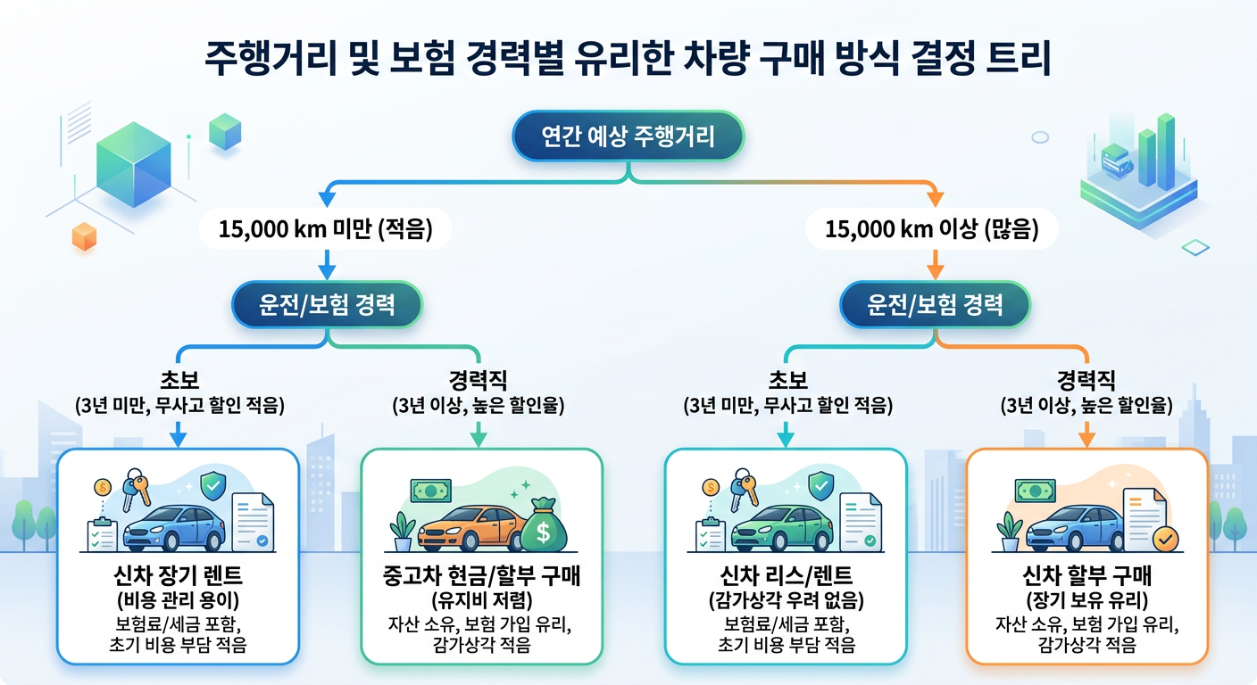 주행거리와 보험 경력에 따른 유리한 구매 방식 결정 트리(Decision Tree)