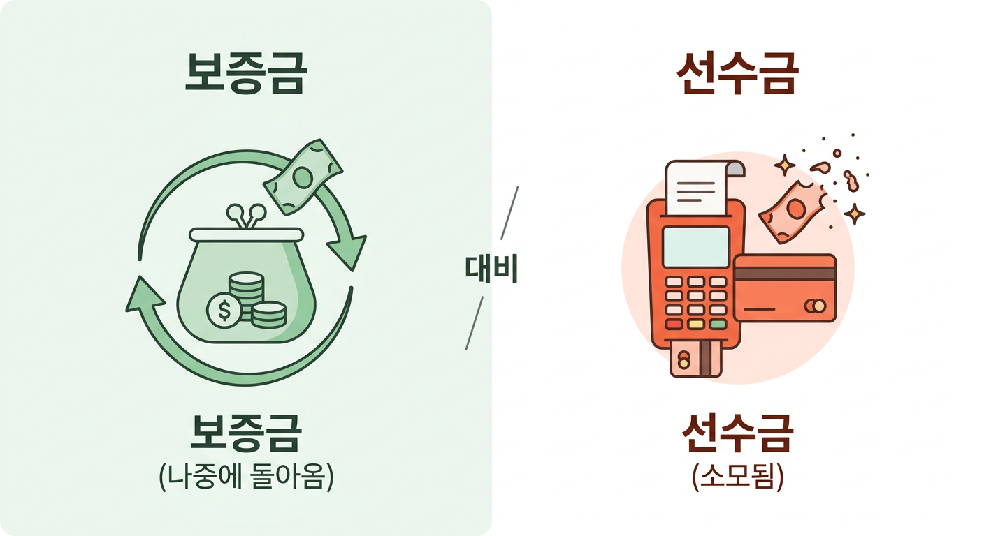 보증금은 나중에 돌아오는 저축 주머니 아이콘으로, 선수금은 차감되어 사라지는 소모성 아이콘으로 표현한 도식 무심사 장기렌트카 비용