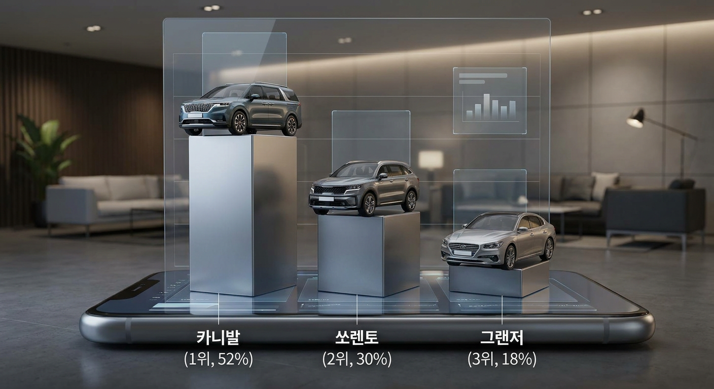 무심사 장기렌트로 가장 많이 출고되는 인기 차종 TOP 3(카니발, 쏘렌토, 그랜저)를 형상화한 그래프 무심사 장기렌트카 비용