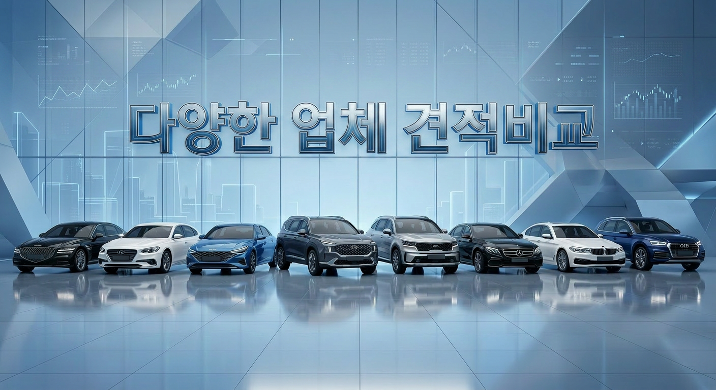 여러 캐피탈사의 이니셜이 세련되게 배열되어 있고 그 아래로 다양한 최신 국산 및 수입 차종들이 정렬되어 있는 그래픽 장기렌트 가격비교
