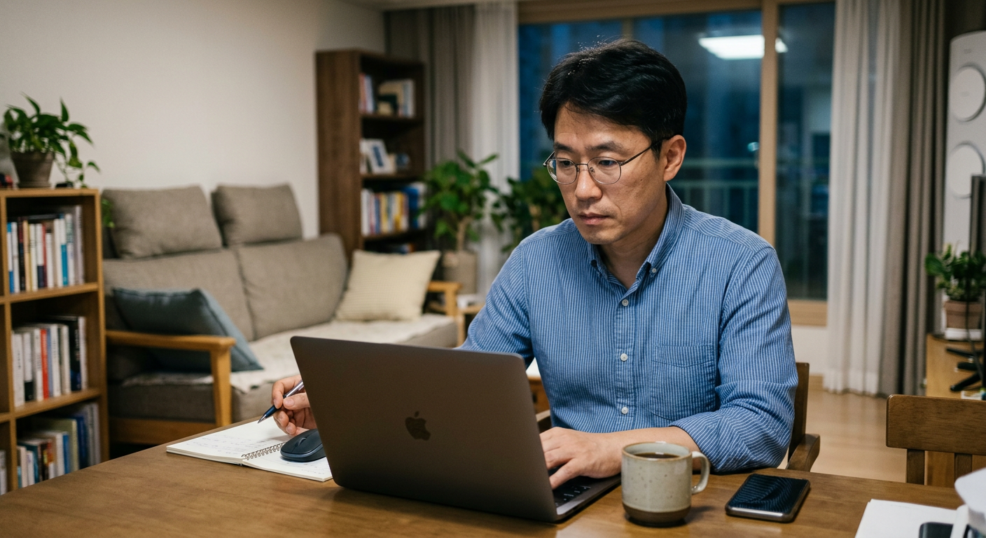 40대 남성 직장인이 집 거실에서 노트북으로 K8과 그랜저의 상세 스펙과 대여료 견적을 꼼꼼하게 비교 분석하는 장면 K8 그랜저 장기렌트