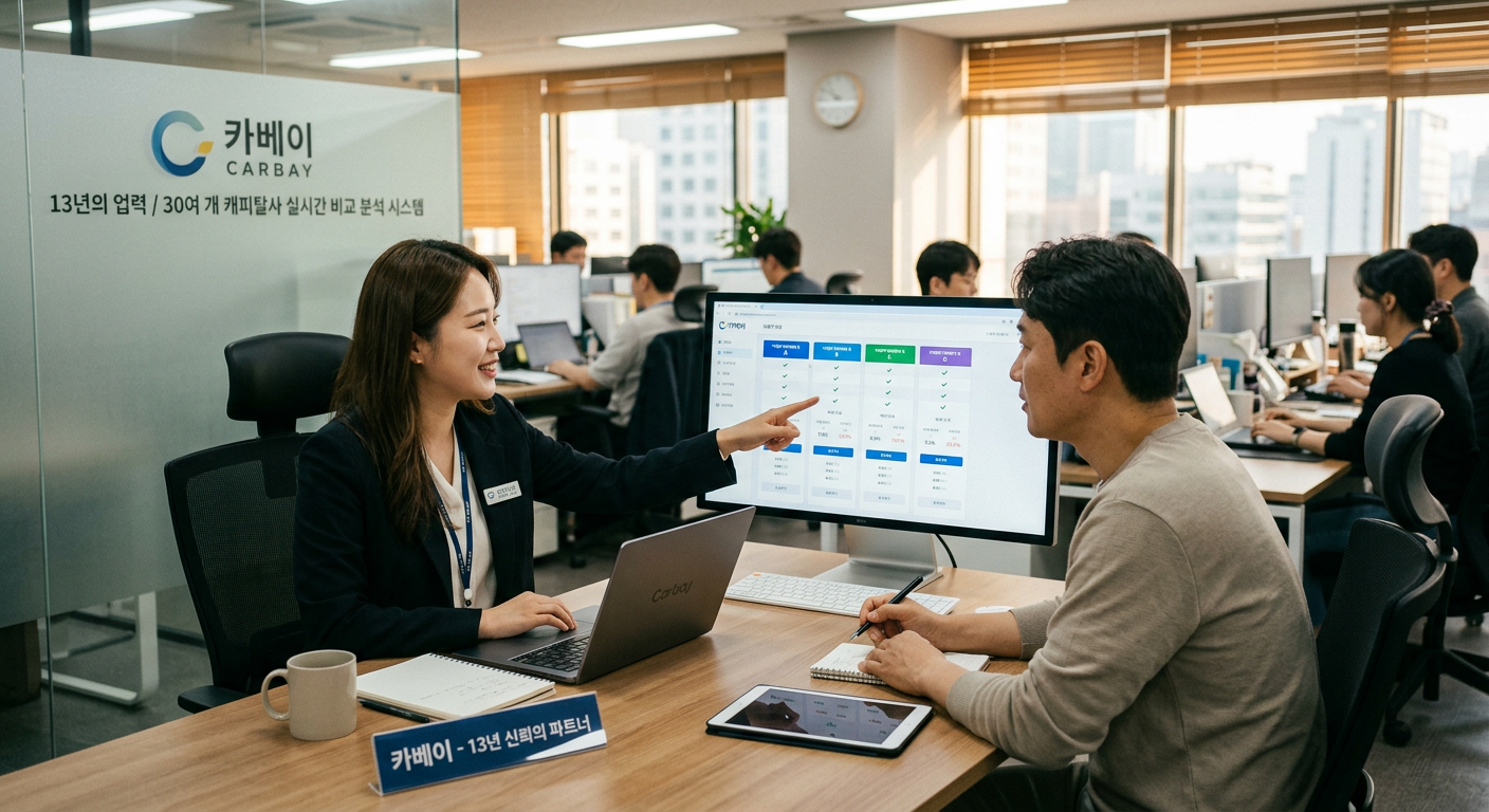 카베이의 13년 업력을 신뢰할 수 있는 브랜드 로고와 30여 개 캐피탈사 실시간 비교 분석 상담 프로세스 인포그래픽 K8 장기렌트 견적