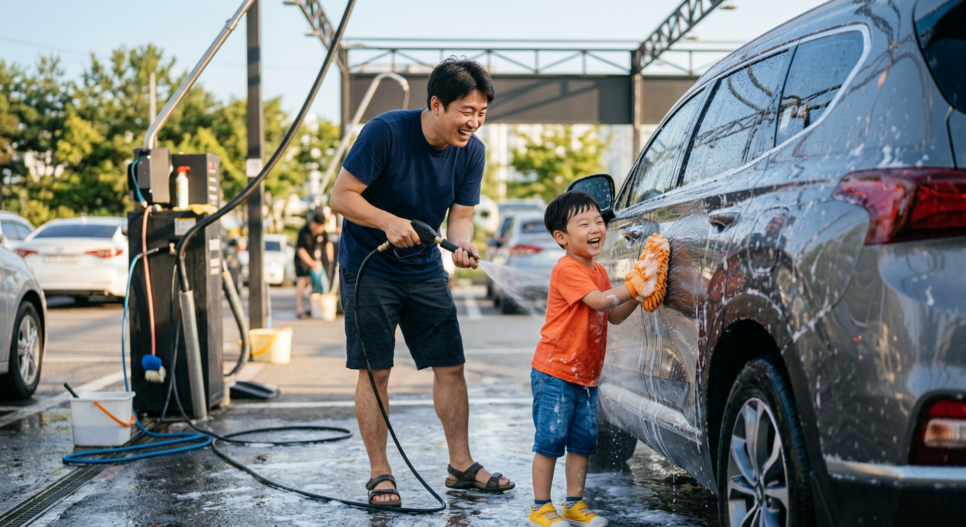 자녀와 함께 세차장을 찾은 30대 아빠와 아들의 행복한 모습, 따뜻한 자연광 배경 셀토스 장기렌트 가격