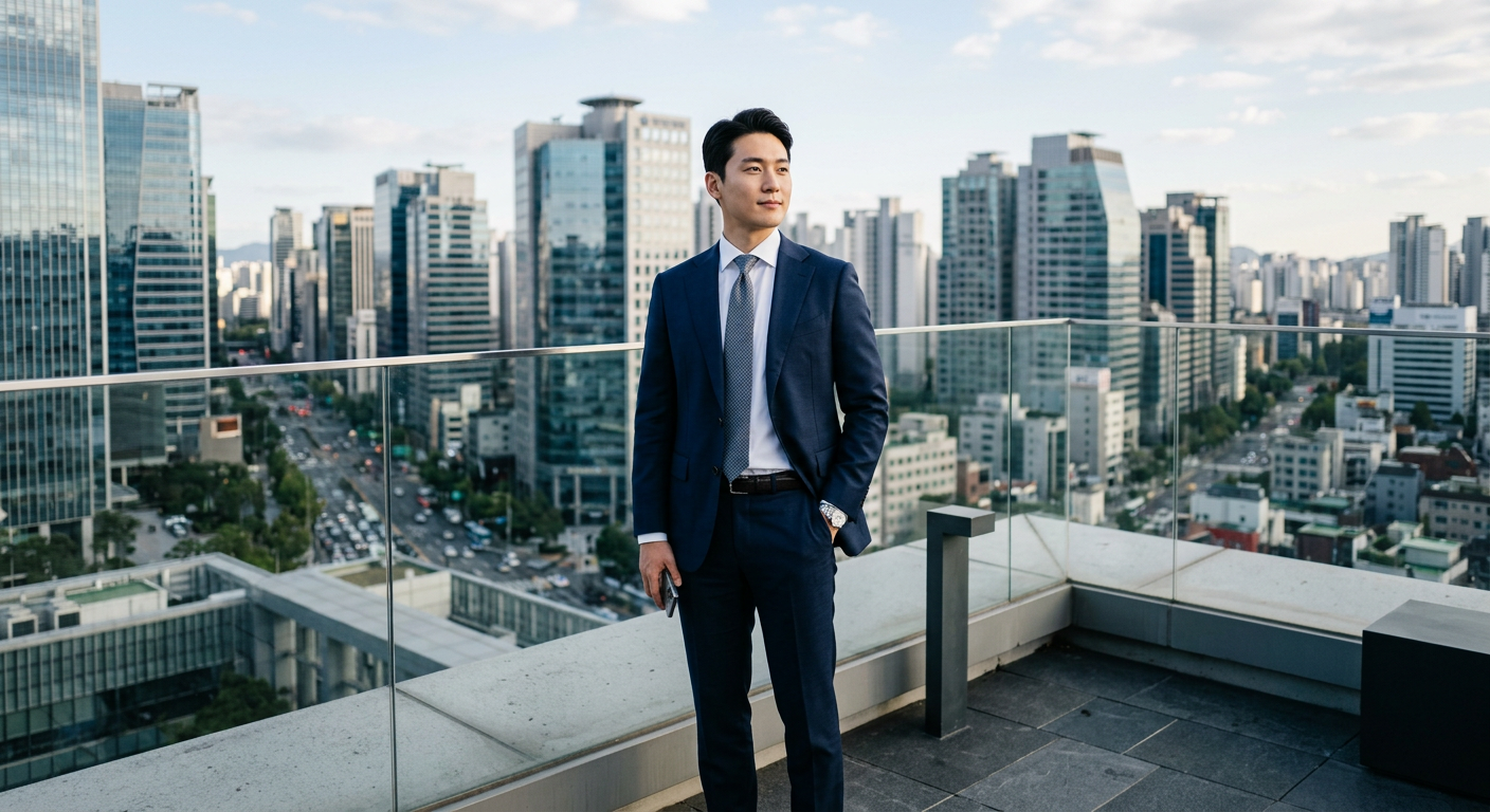 고급 비즈니스 정장을 입은 젊은 임원이 빌딩 숲을 배경으로 서 있는 모습 제네시스 G70 장기렌트