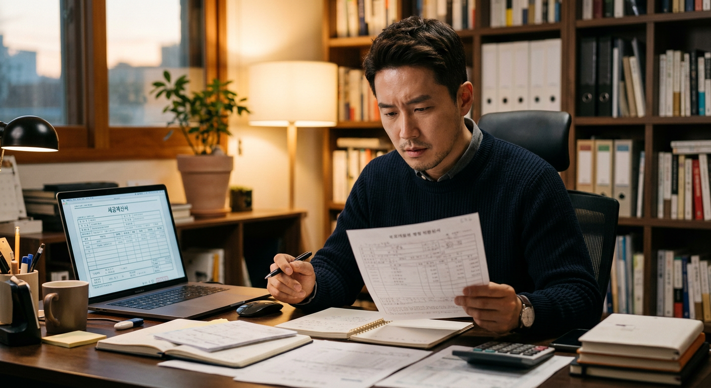 30대 후반의 사업가가 서재 책상에서 노트북 화면의 세금 계산서와 차량 유지비 명세서를 진지하게 대조해 보는 모습 차량 리스 비용처리