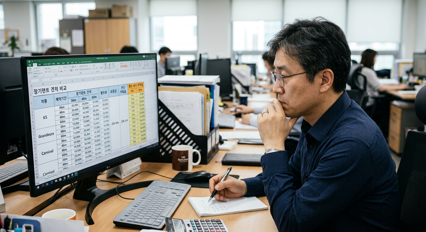 컴퓨터 화면으로 장기렌트 견적 조건과 중도 해지 위약금을 면밀히 비교 분석하고 있는 40대 남성 직장인의 모습 셀토스 무심사 장기렌트