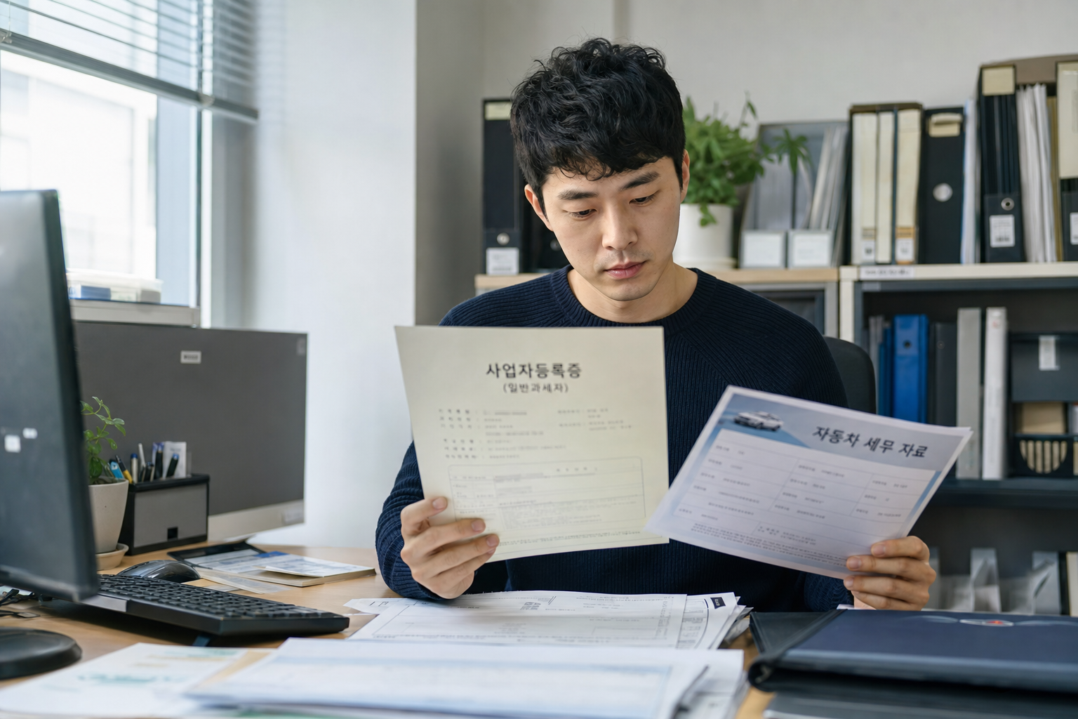 사무실에서 사업자등록증과 자동차 세무 자료를 검토하고 있는 30대 개인사업자 대표의 모습 이용자명의 리스