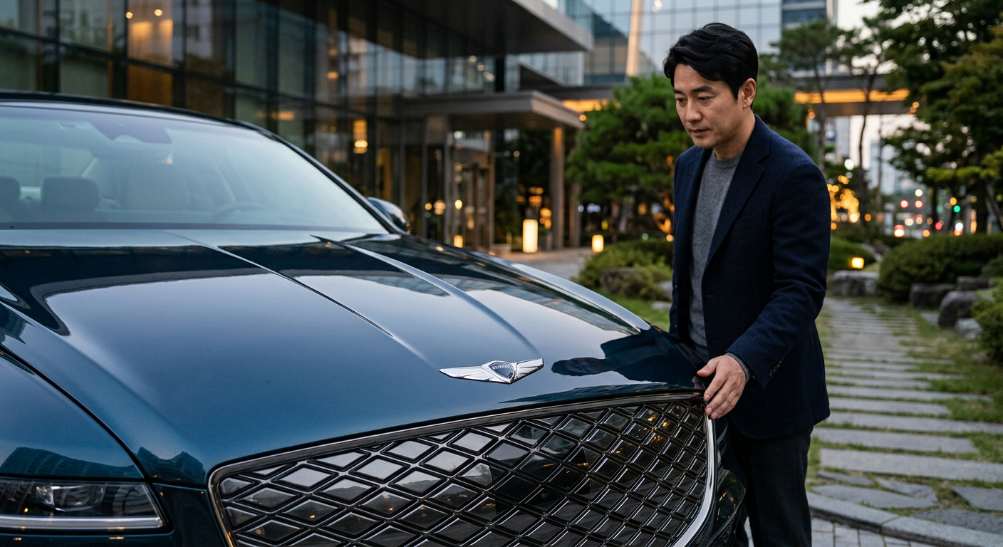 제네시스 G80 전동화 모델의 고급스러운 전면 엠블럼과 크레스트 그릴 클로즈업 사진 제네시스 전기차 장기렌트