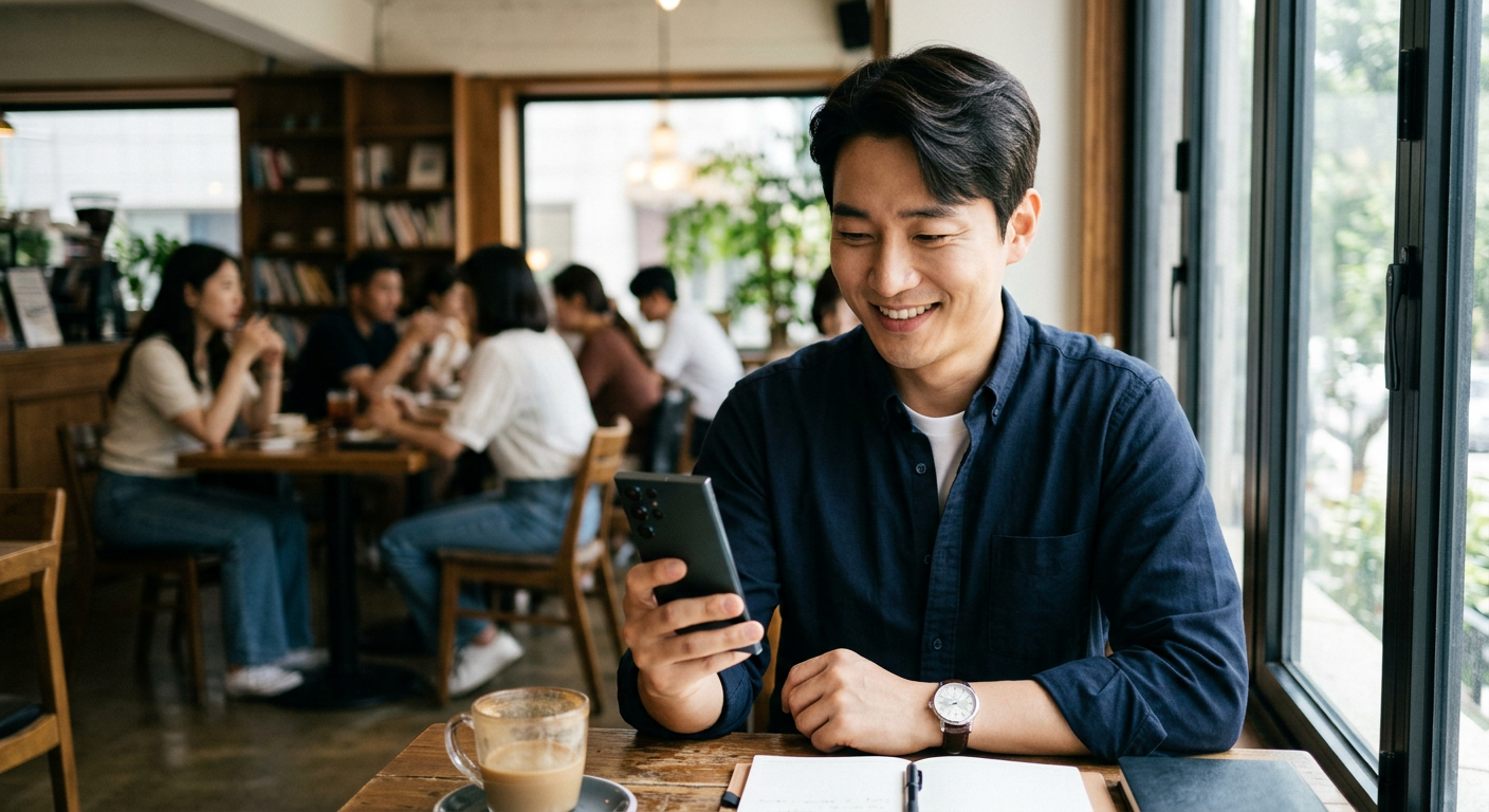 30대 직장인이 스마트폰으로 자동차리스 견적을 비교하며 미소 짓는 모습 전기차 리스 보조금