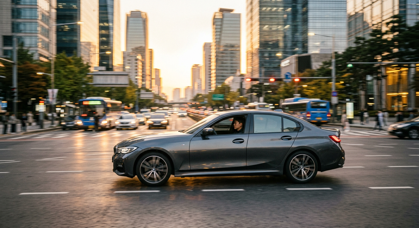 세련된 도심 도로를 속도감 있게 주행하는 BMW 3시리즈 세단의 측면 뷰, 골든아워 시간대 BMW 3시리즈 장기렌트