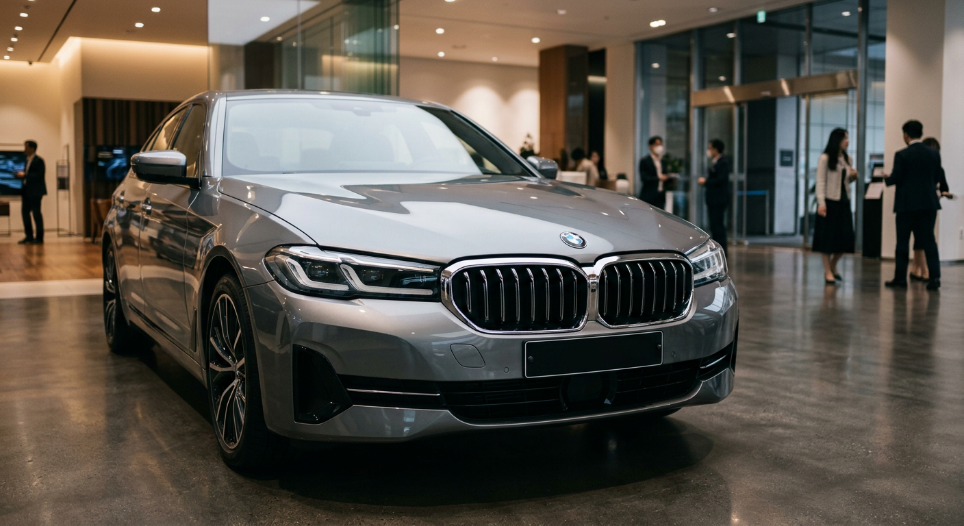 세련된 디자인의 BMW 5시리즈 전면부가 세련된 회색 톤의 전시장 조명 아래 빛나고 있는 모습 수입차 장기렌트 견적
