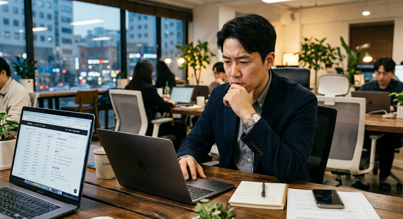 30대 남성 직장인이 노트북 화면으로 신차 장기렌트 견적서를 꼼꼼히 대조해 보며 고민하는 모습 저신용 장기렌트카