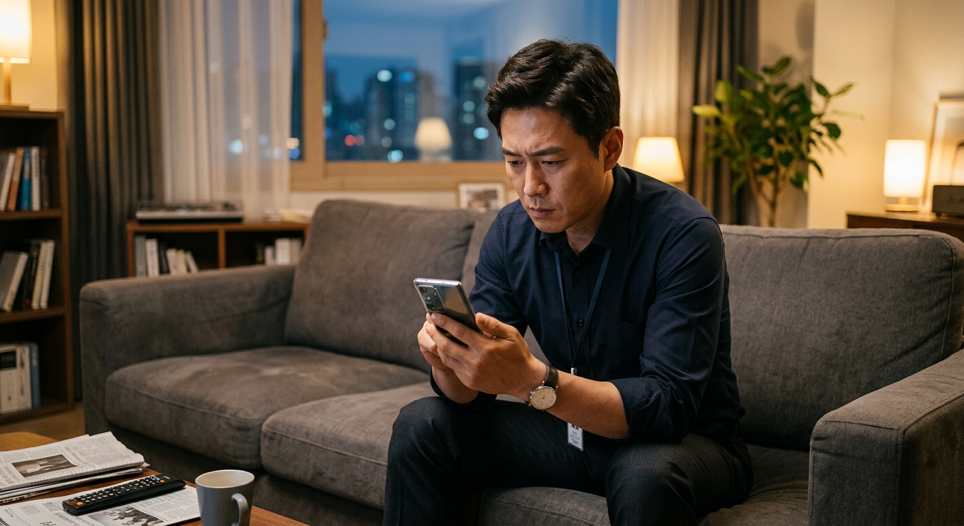 40대 남성 직장인 박 과장님이 퇴근 후 거실 소파에 앉아 스마트폰으로 자동차 견적 앱을 심각하고 진지한 표정으로 바라보는 모습 장기렌트 리스 비교