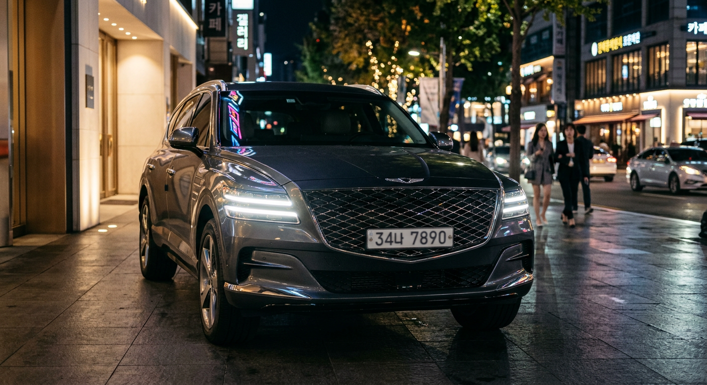 제네시스 GV80 전면부, 고급스러운 크레스트 그릴과 쿼드 램프가 강조된 세련된 야경 컷 GV80 장기렌트 견적