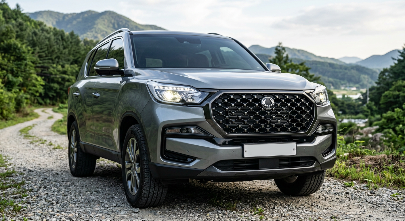 KGM 렉스턴 뉴 아레나 차량의 전면부 외관, 강인한 8각 라디에이터 그릴과 LED 헤드램프가 돋보이는 구도 KGM 렉스턴 장기렌트