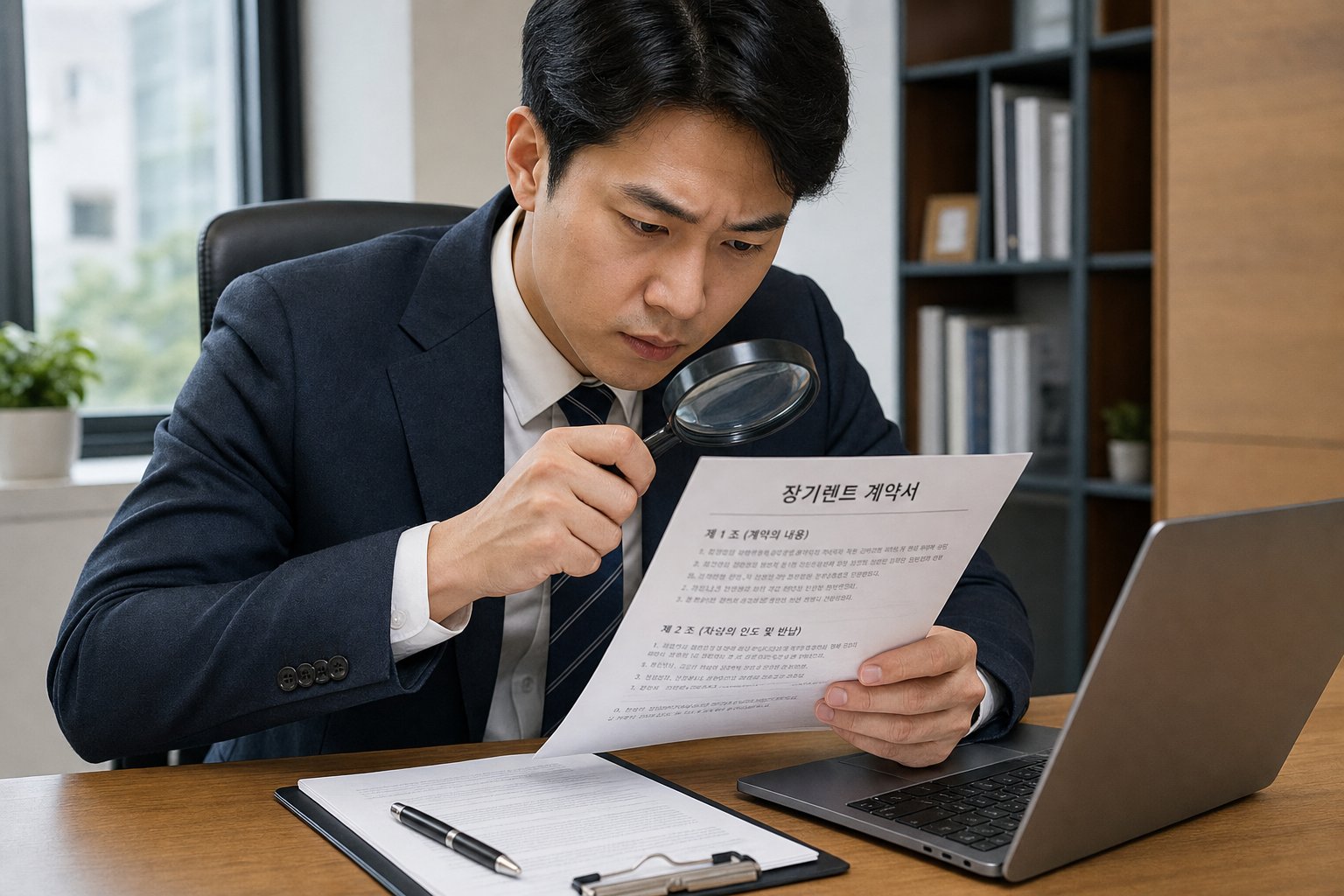장기렌트 계약서 조항을 돋보기로 신중하게 살펴보는 30대 직장인의 모습 장기렌트 약정 주행거리
