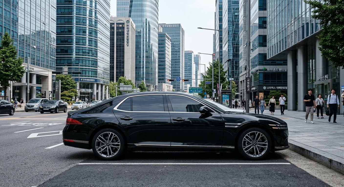 도심 빌딩 숲 사이에 정차된 제네시스 G90 블랙 칼라 차량의 측면 뷰 제네시스 G90 리스