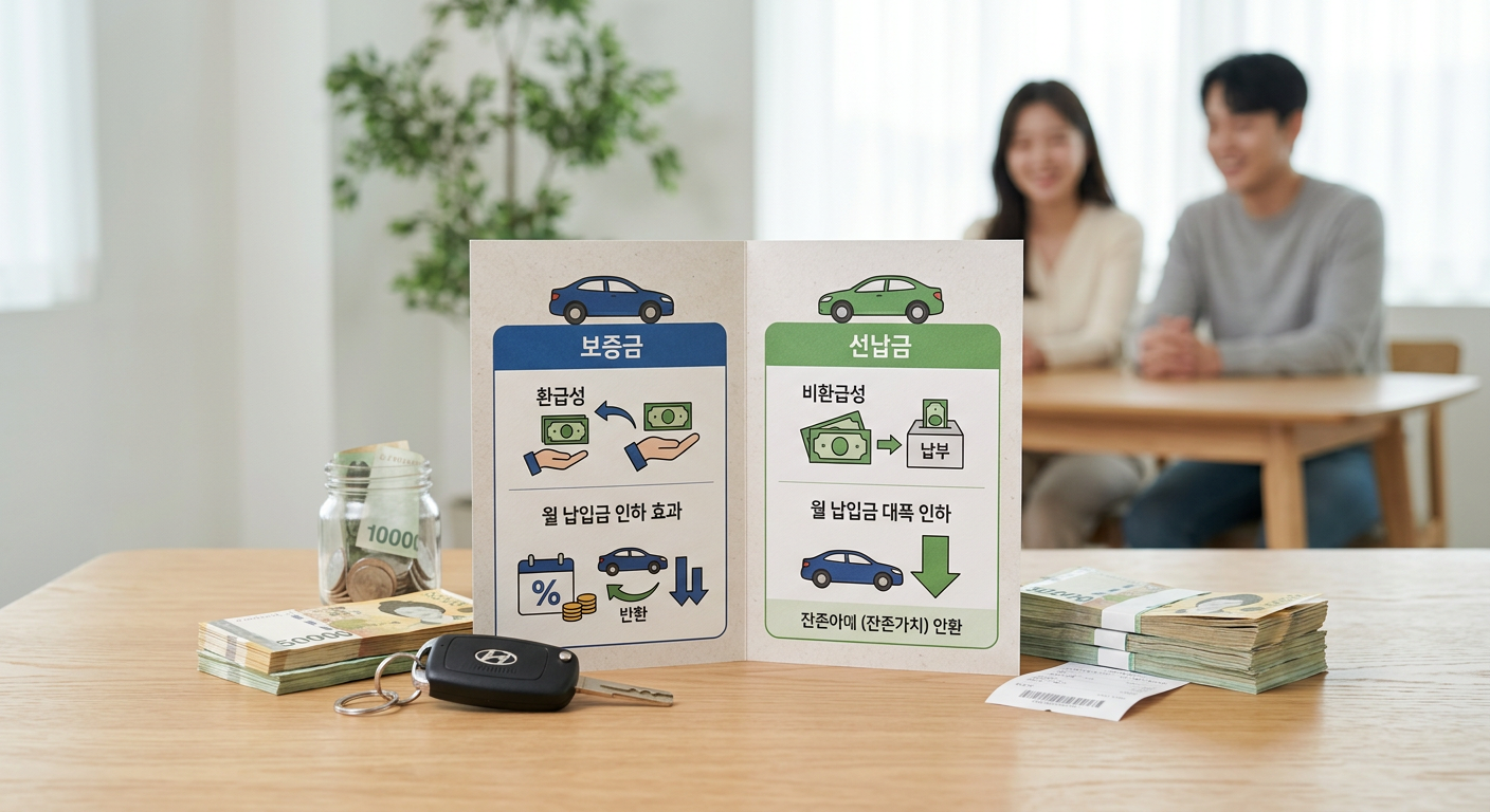 깨끗하게 정돈된 테이블 위에 놓인 아반떼 차량 열쇠와 보증금, 선납금의 차이를 직관적으로 대비해 보여주는 인포그래픽 리플릿 장기렌트 선납금 보증금