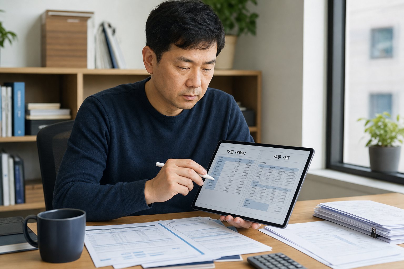 태블릿 PC로 차량 견적서와 세무 자료를 꼼꼼히 비교하며 분석하는 40대 사업자의 모습 개인사업자 리스 부가세환급