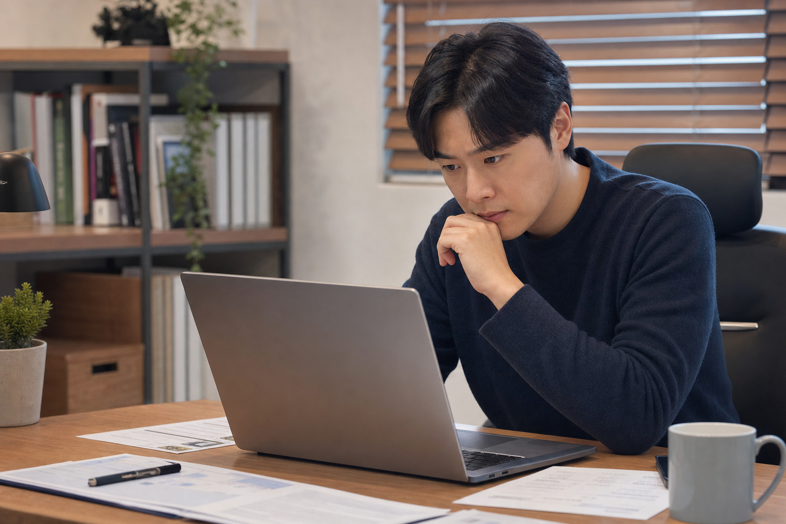 장기렌트 초기 비용 설정을 위해 노트북으로 견적을 꼼꼼히 비교하고 있는 30대 남성 직장인 장기렌트 보증금 선납금