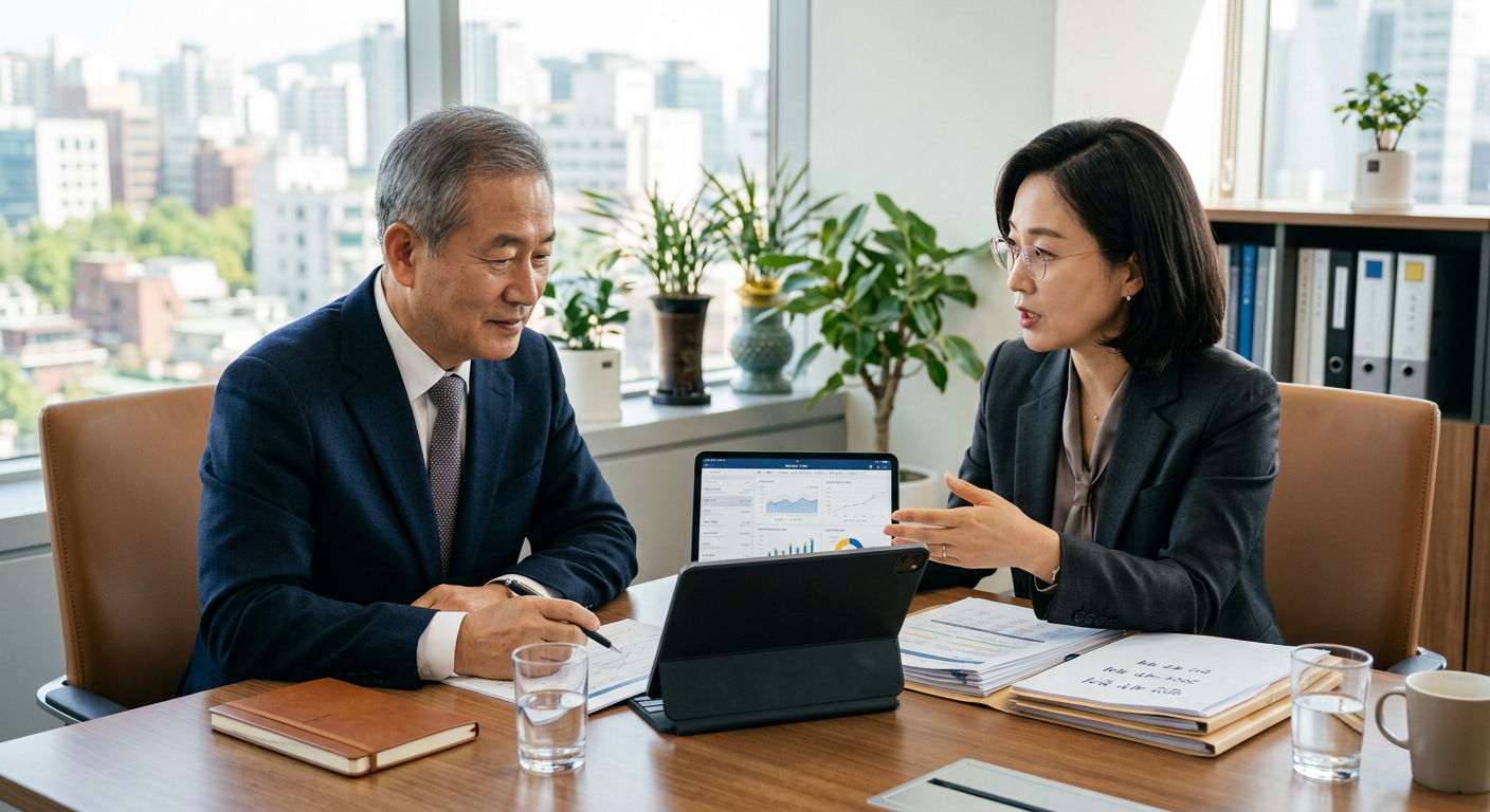 서류와 태블릿 PC를 보며 세무 상담을 나누고 있는 중장년의 법인 대표와 전문 자산관리사의 모습 법인 차량 리스 비용처리