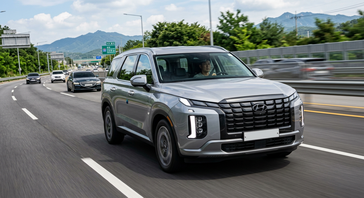 2026년형 팰리세이드 LX3 하이브리드 모델의 전면부 주행 모습 팰리세이드 장기렌트