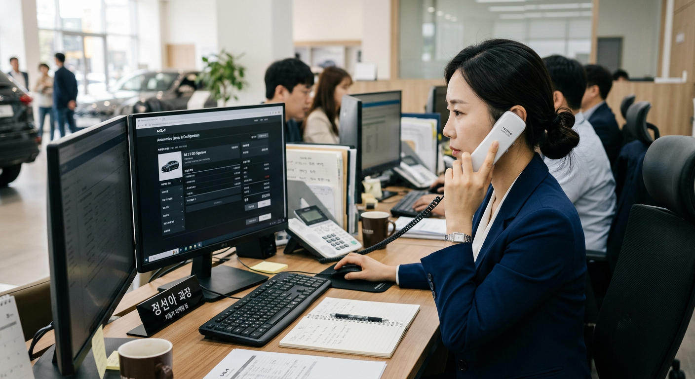 사무실에서 고객의 전화를 받으며 컴퓨터 화면의 차량 견적을 꼼꼼히 확인하고 있는 단정한 차림의 13년 차 자동차 마케터의 모습 개인사업자 장기렌트 비용처리