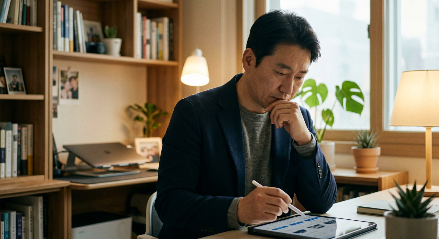 아늑하고 차분한 조명의 1인 사무실에서 태블릿으로 차량 견적을 신중하게 검토하고 있는 사업가의 모습 1인사업자 장기렌트 조건